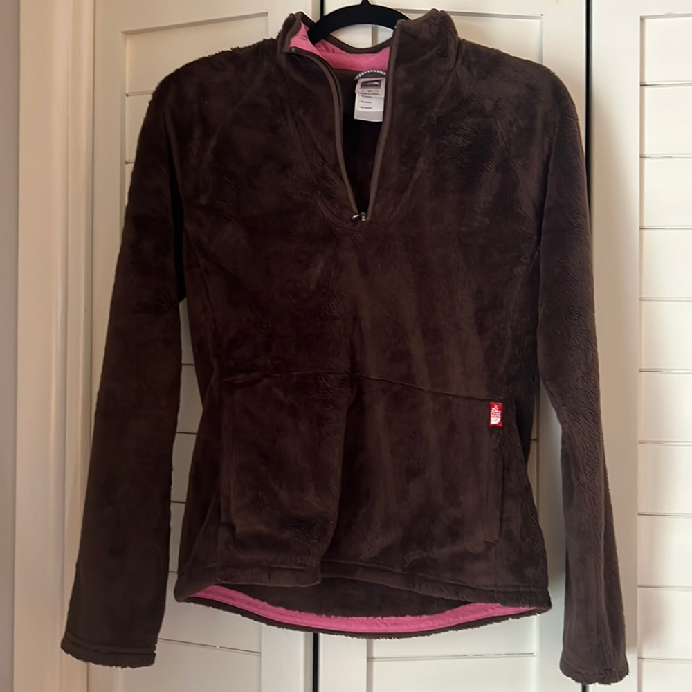 Brown fuzzy North Face jacket